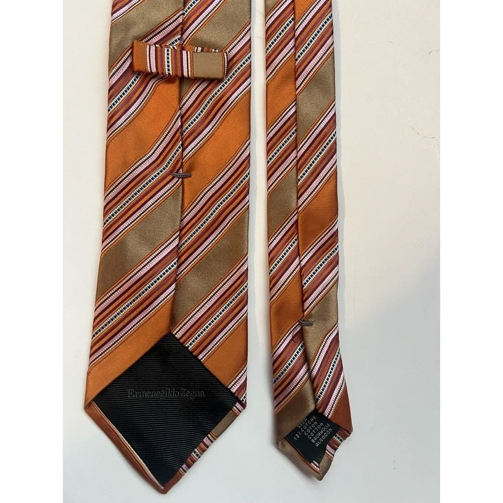 Vintage Ermenegildo Zegna Orange‎ Gold Striped Men's Luxury Tie